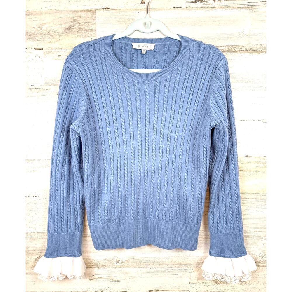 Wayf Light Blue Cable Knit Sweater White Lace Fringe Sleeve Womens S